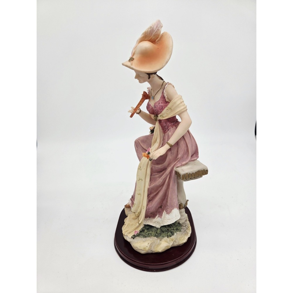Woman With Flowers Bench Figurine Tea Party  13.5" Resin On Wood Base - Picture 3 of 7